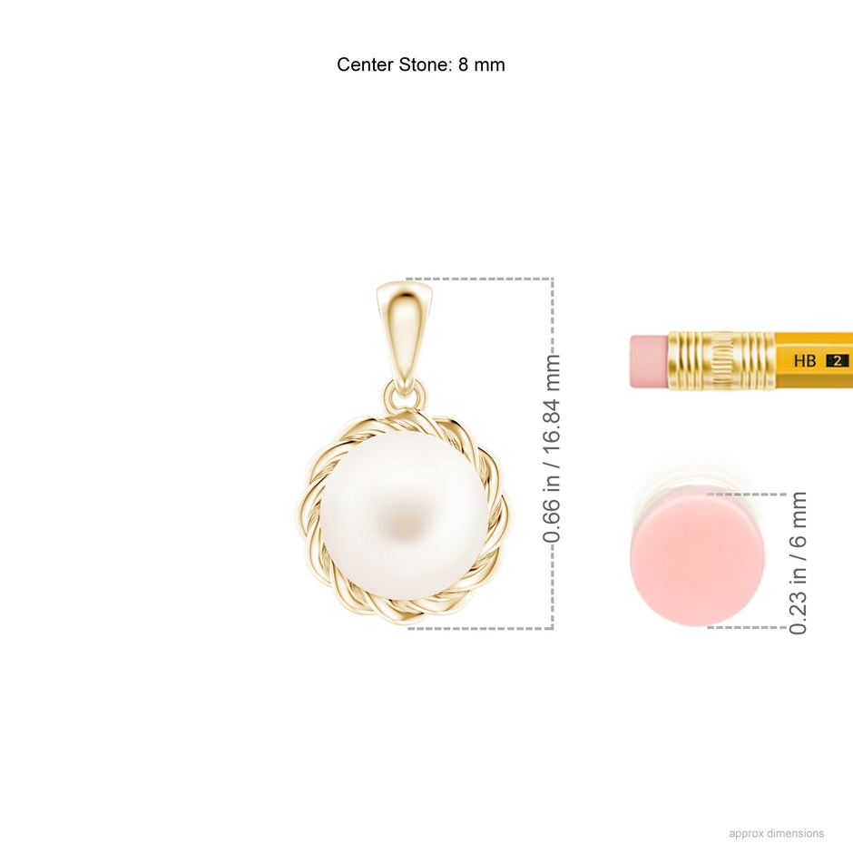 8mm AA Rope-Framed Freshwater Pearl Pendant in Yellow Gold ruler