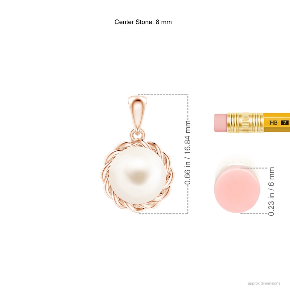 8mm AAA Rope-Framed Freshwater Pearl Pendant in Rose Gold ruler