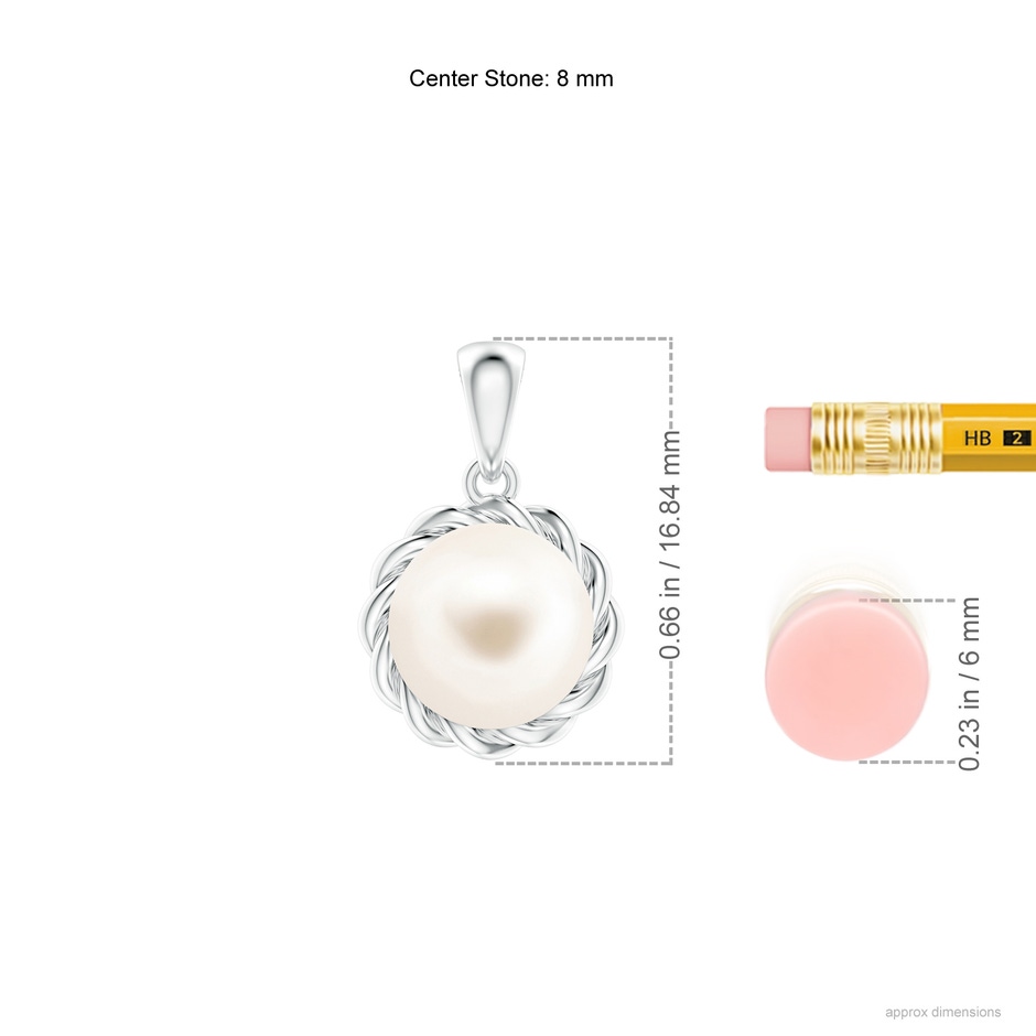8mm AAA Rope-Framed Freshwater Pearl Pendant in White Gold ruler