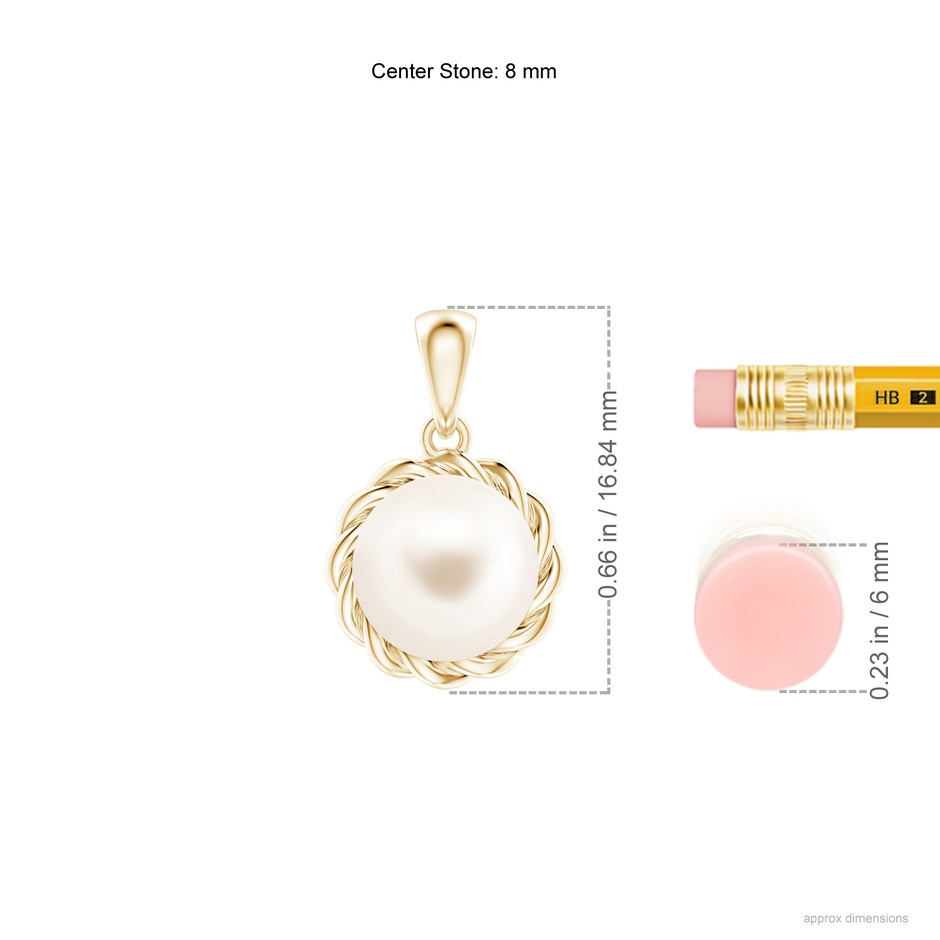 8mm AAA Rope-Framed Freshwater Pearl Pendant in Yellow Gold ruler