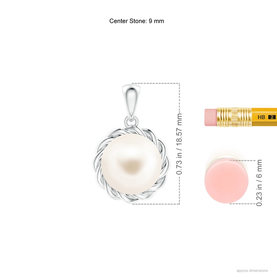 9mm AAA Rope-Framed Freshwater Pearl Pendant in White Gold ruler