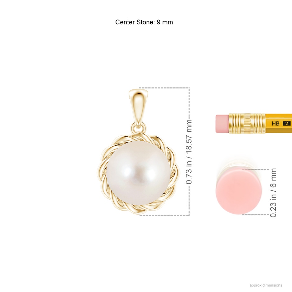 9mm AAAA Rope-Framed Freshwater Pearl Pendant in Yellow Gold ruler