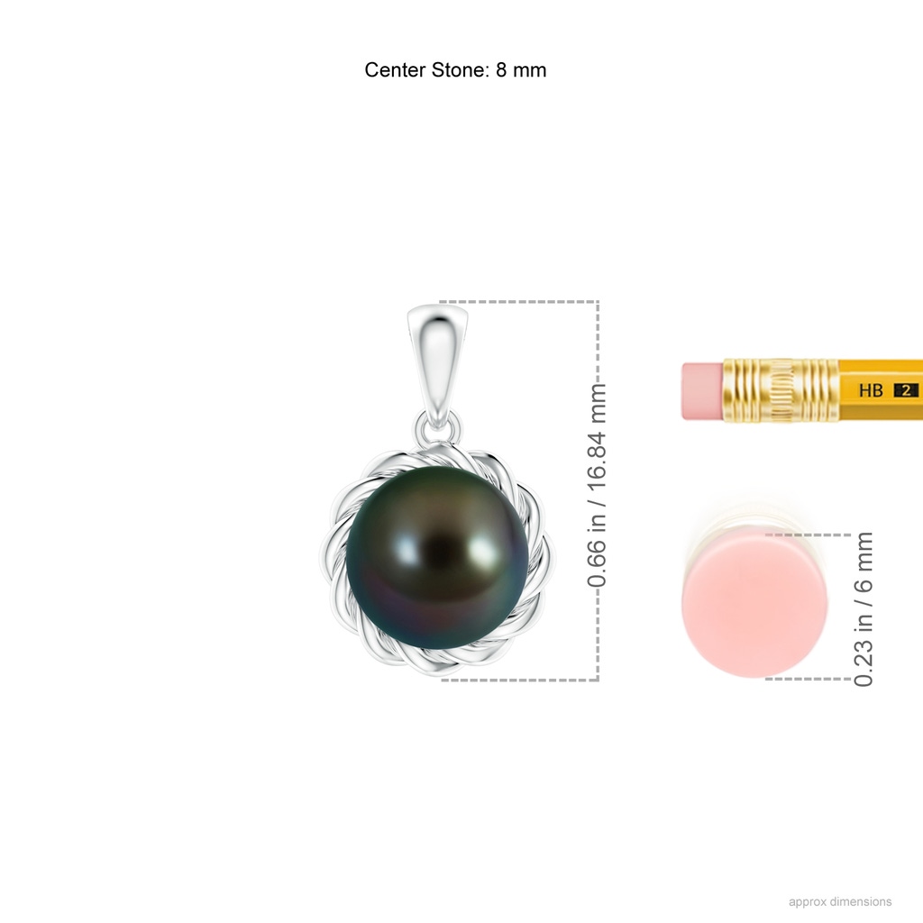 8mm AAAA Rope-Framed Tahitian Pearl Pendant in White Gold Ruler