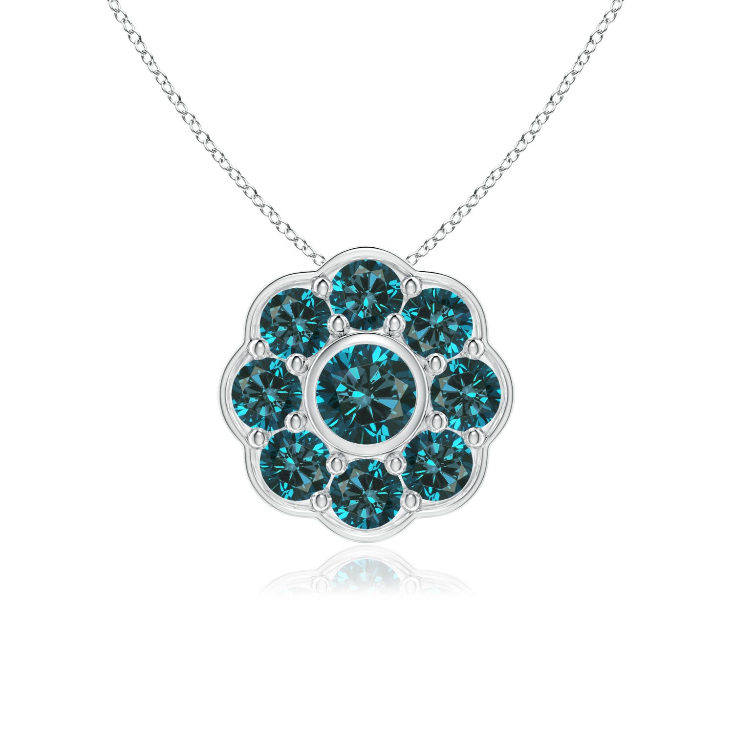 3.5mm AA Bezel and Pave Set Round Enhanced Blue Diamond Floral Pendant in P950 Platinum
