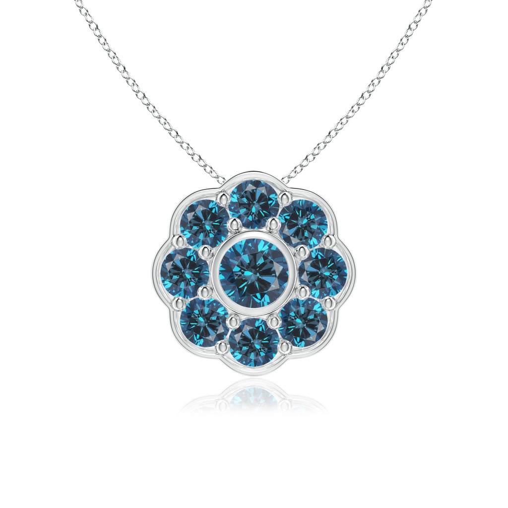 3.5mm AAA Bezel and Pave Set Round Enhanced Blue Diamond Floral Pendant in 18K White Gold