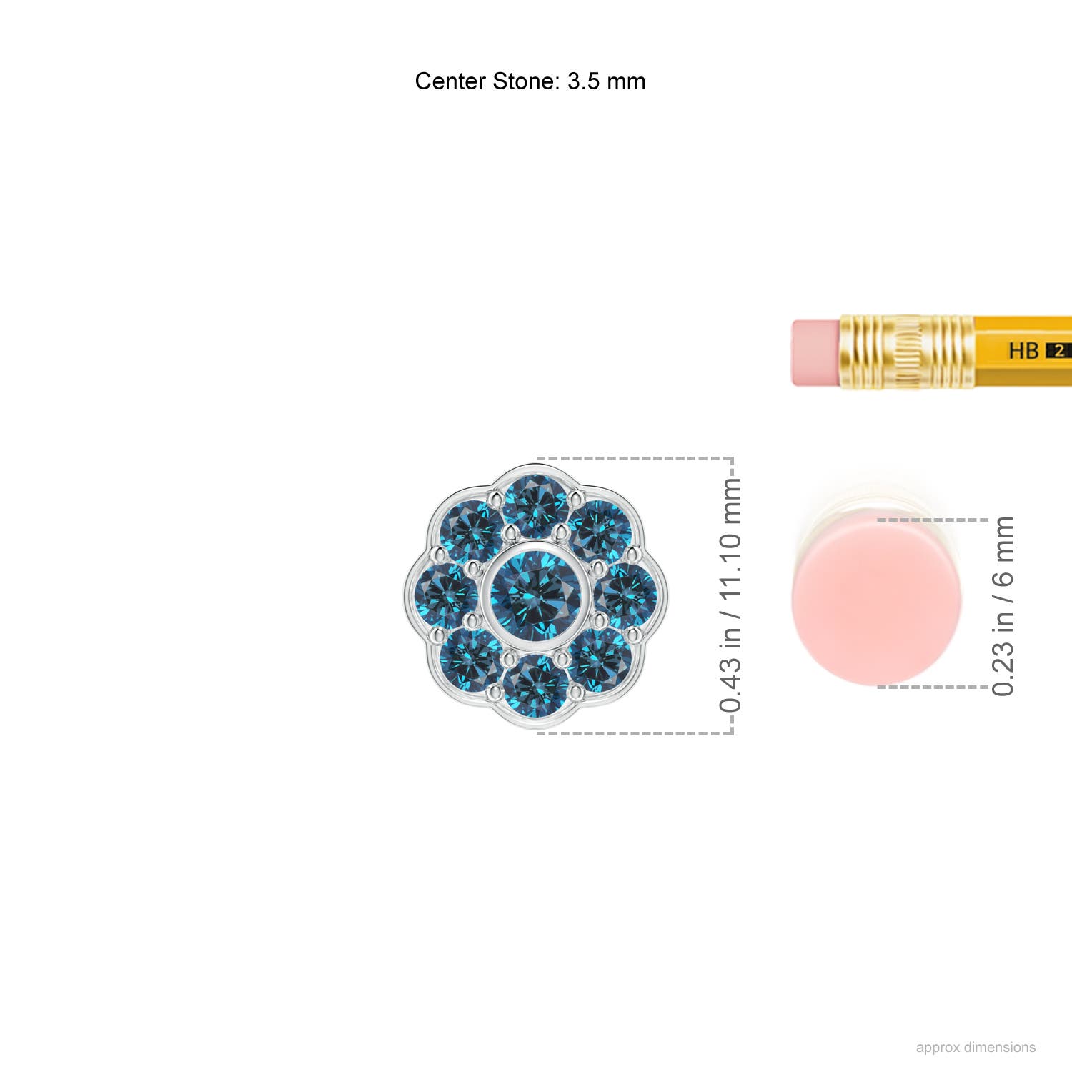 3.5mm AAA Bezel and Pave Set Round Enhanced Blue Diamond Floral Pendant in 18CT White Gold - ruler