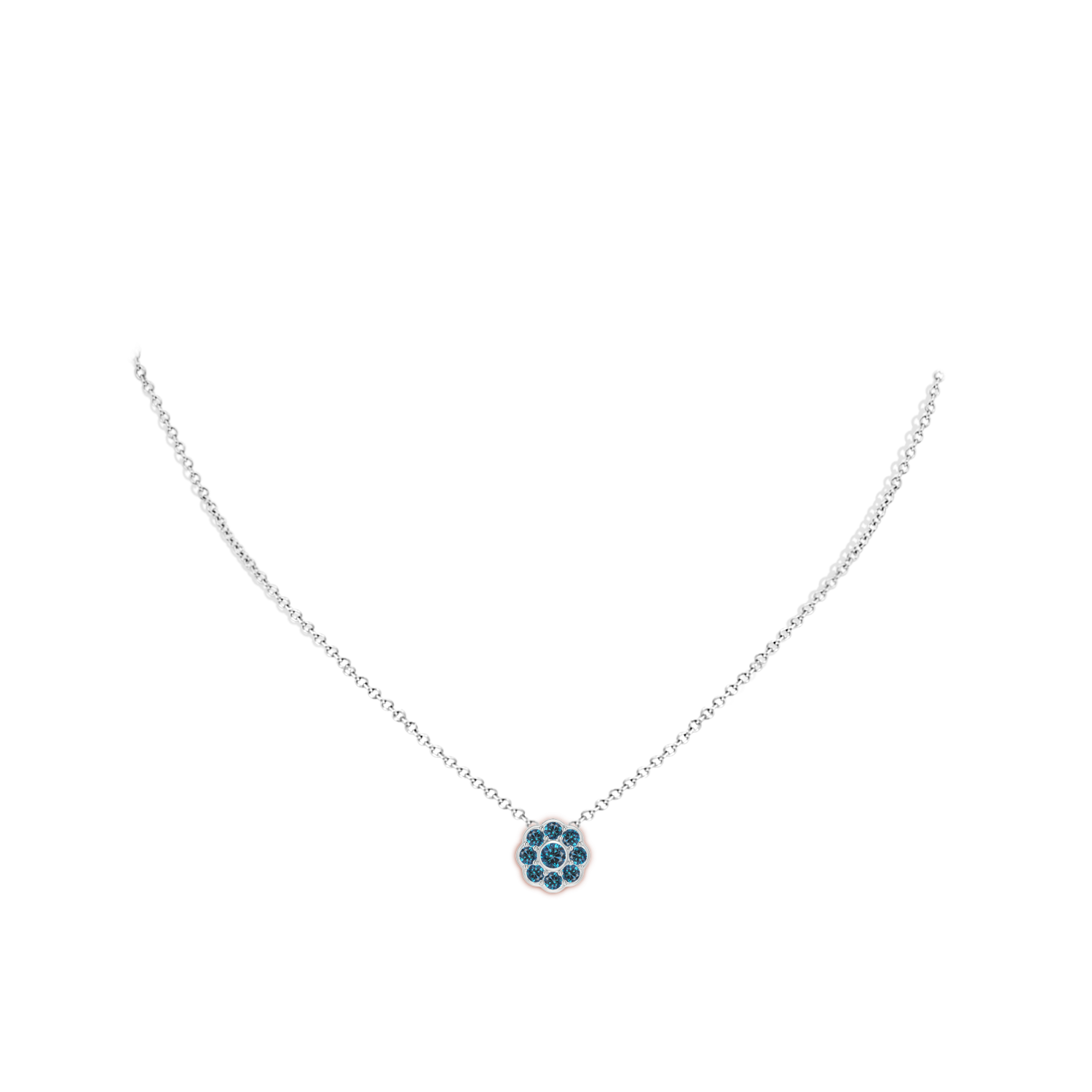 3.5mm AAA Bezel and Pave Set Round Enhanced Blue Diamond Floral Pendant in 18CT White Gold - body_neck