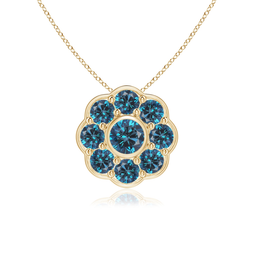 3.5mm AAA Bezel and Pave Set Round Blue Diamond Floral Pendant in Yellow Gold