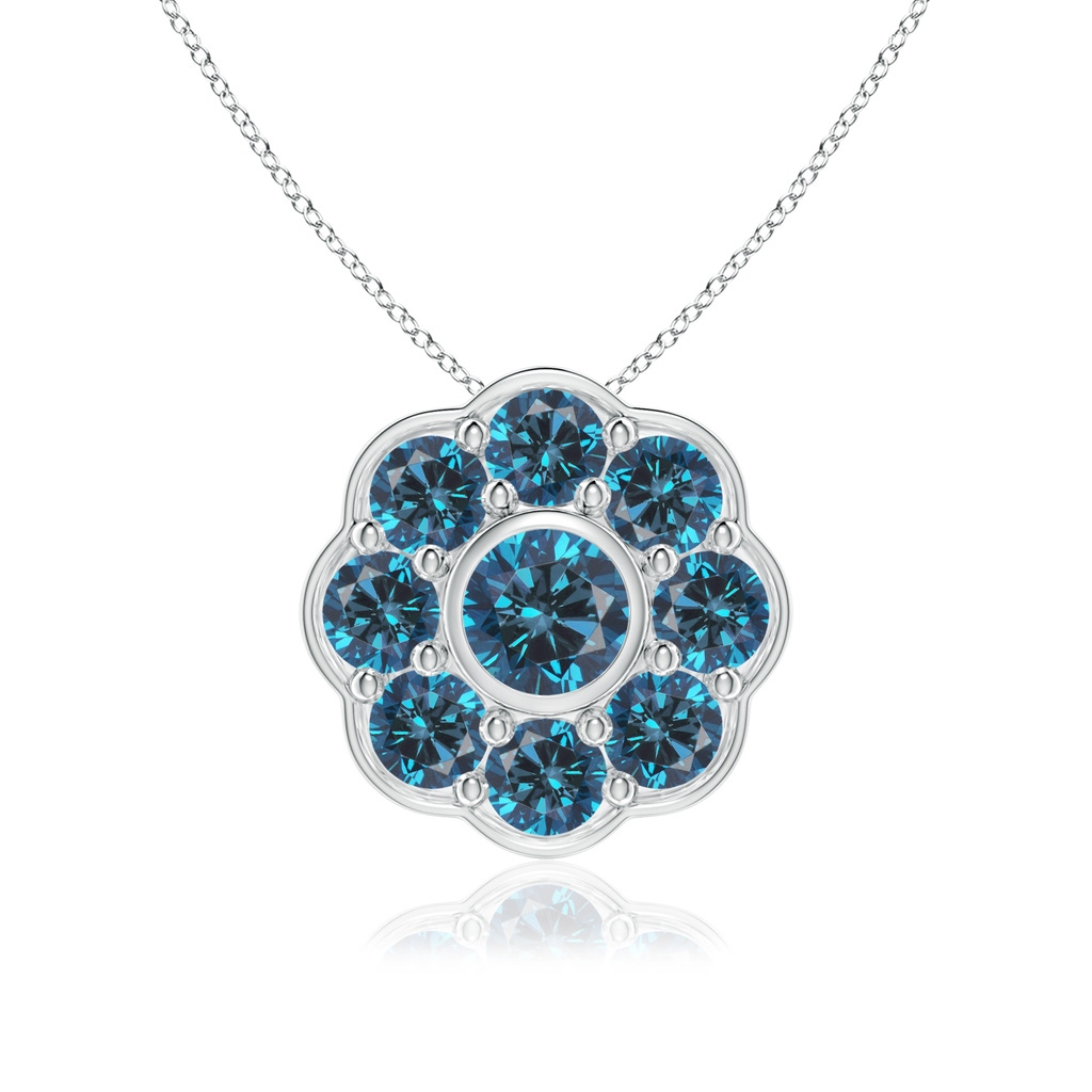 3.7mm AAA Bezel and Pave Set Round Blue Diamond Floral Pendant in White Gold