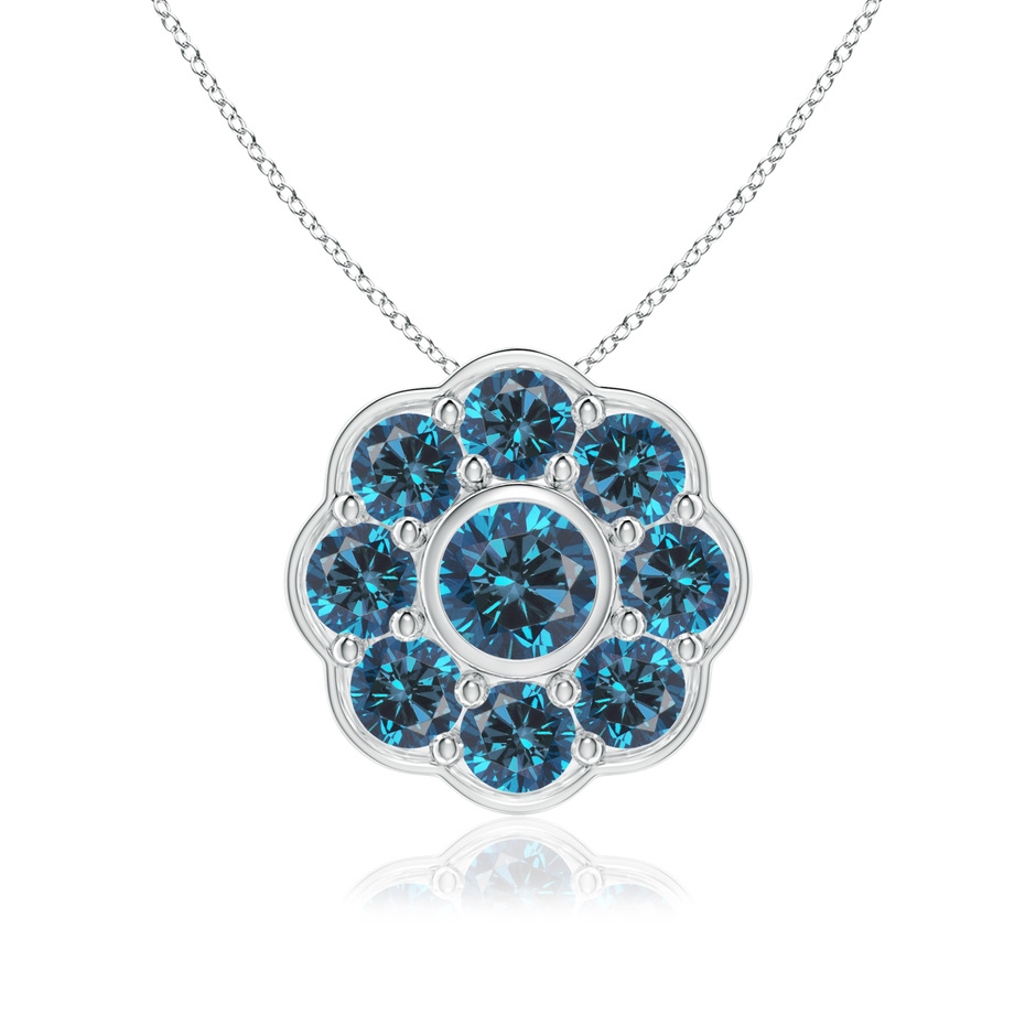 3.7mm AAA Bezel and Pave Set Round Blue Diamond Floral Pendant in White Gold 