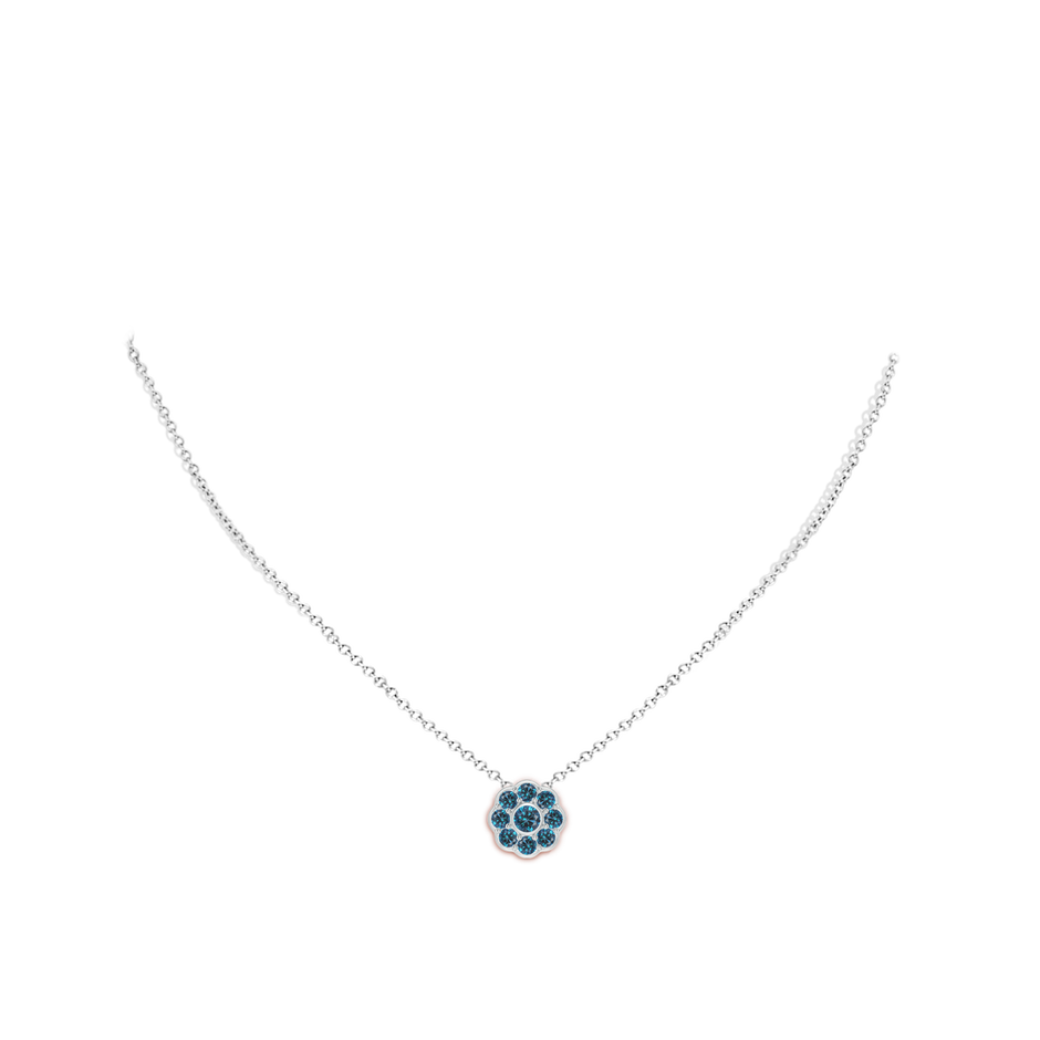 3.7mm AAA Bezel and Pave Set Round Enhanced Blue Diamond Floral Pendant in White Gold pen