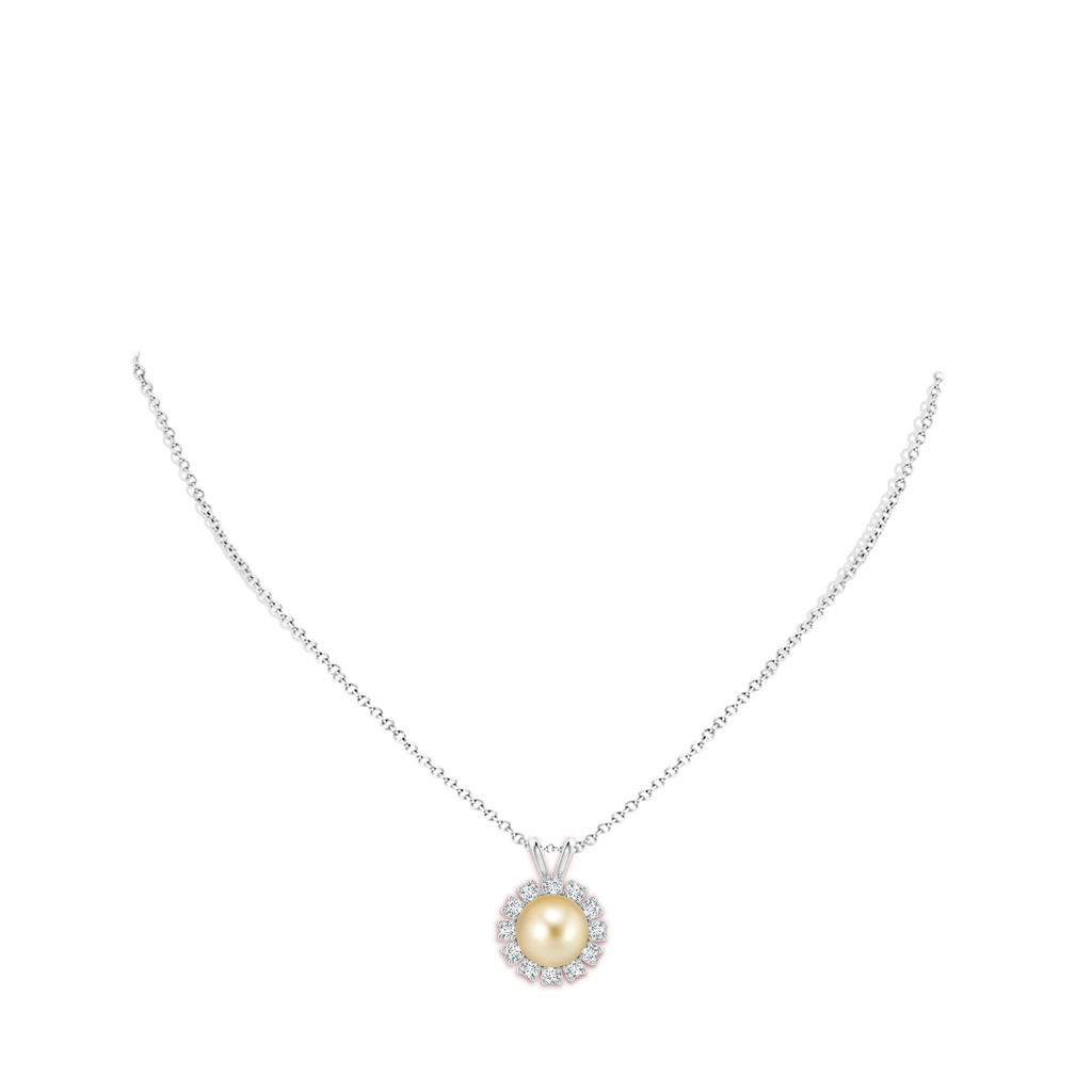 10mm AAAA Golden South Sea Pearl Halo V-Bale Pendant in P950 Platinum Body-Neck