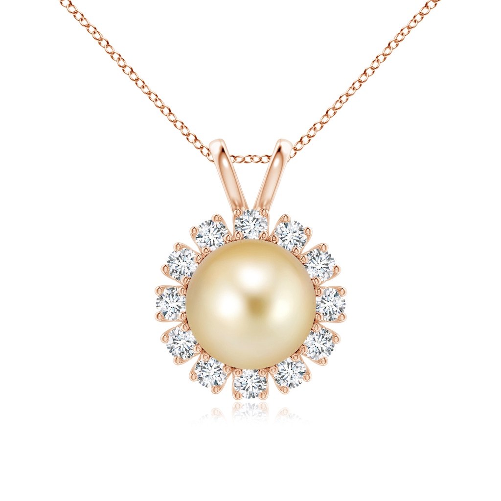 10mm AAAA Golden South Sea Pearl Halo V-Bale Pendant in Rose Gold