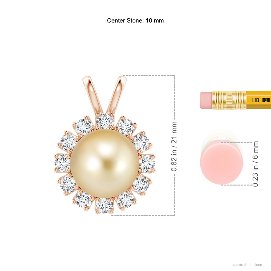 10mm AAAA Golden South Sea Pearl Halo V-Bale Pendant in Rose Gold ruler