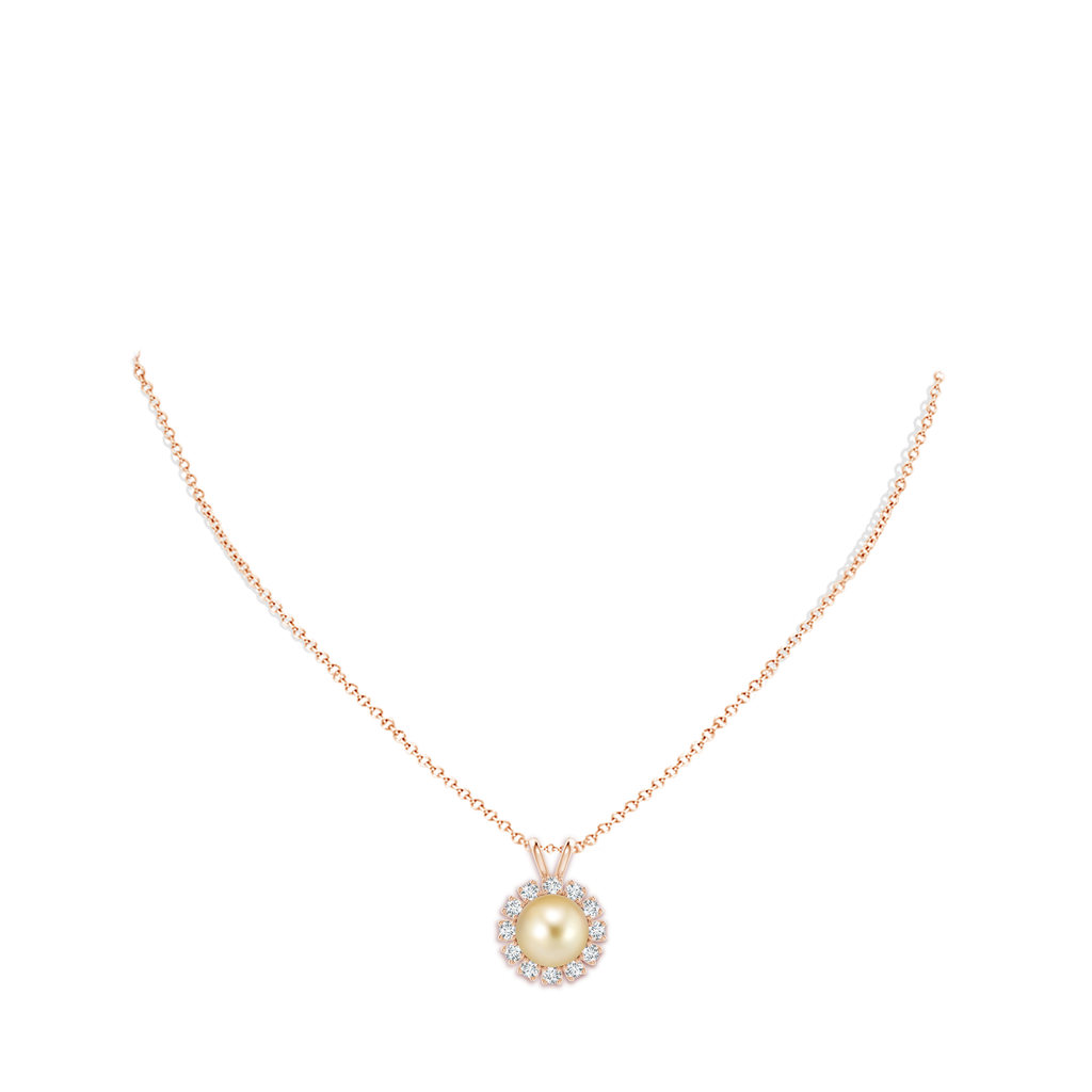 10mm AAAA Golden South Sea Pearl Halo V-Bale Pendant in Rose Gold Body-Neck