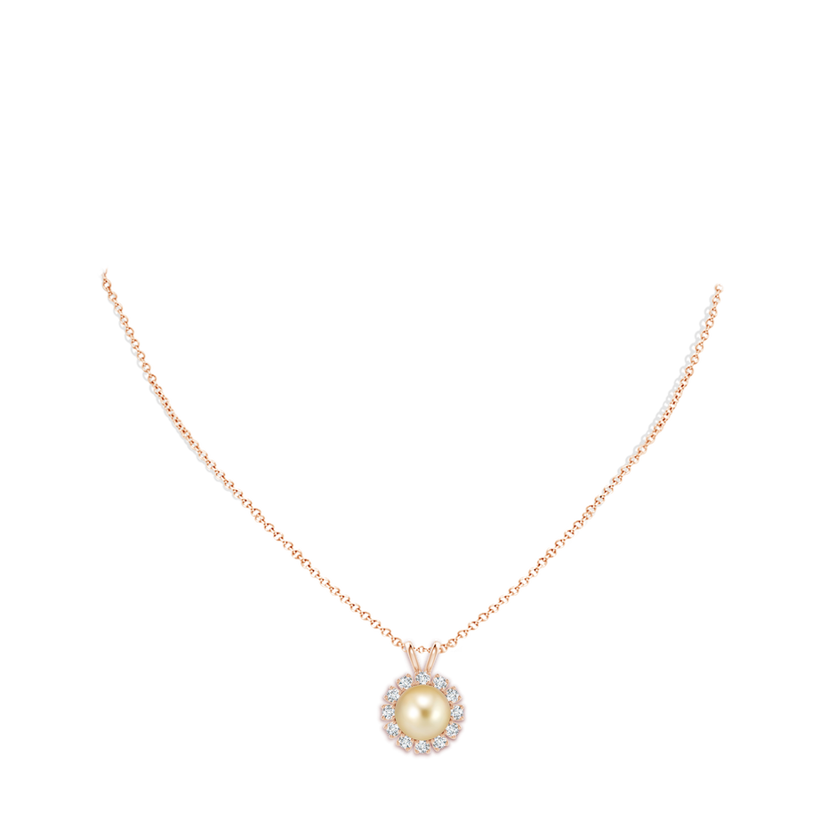 10mm AAAA Golden South Sea Pearl Halo V-Bale Pendant in Rose Gold body-neck