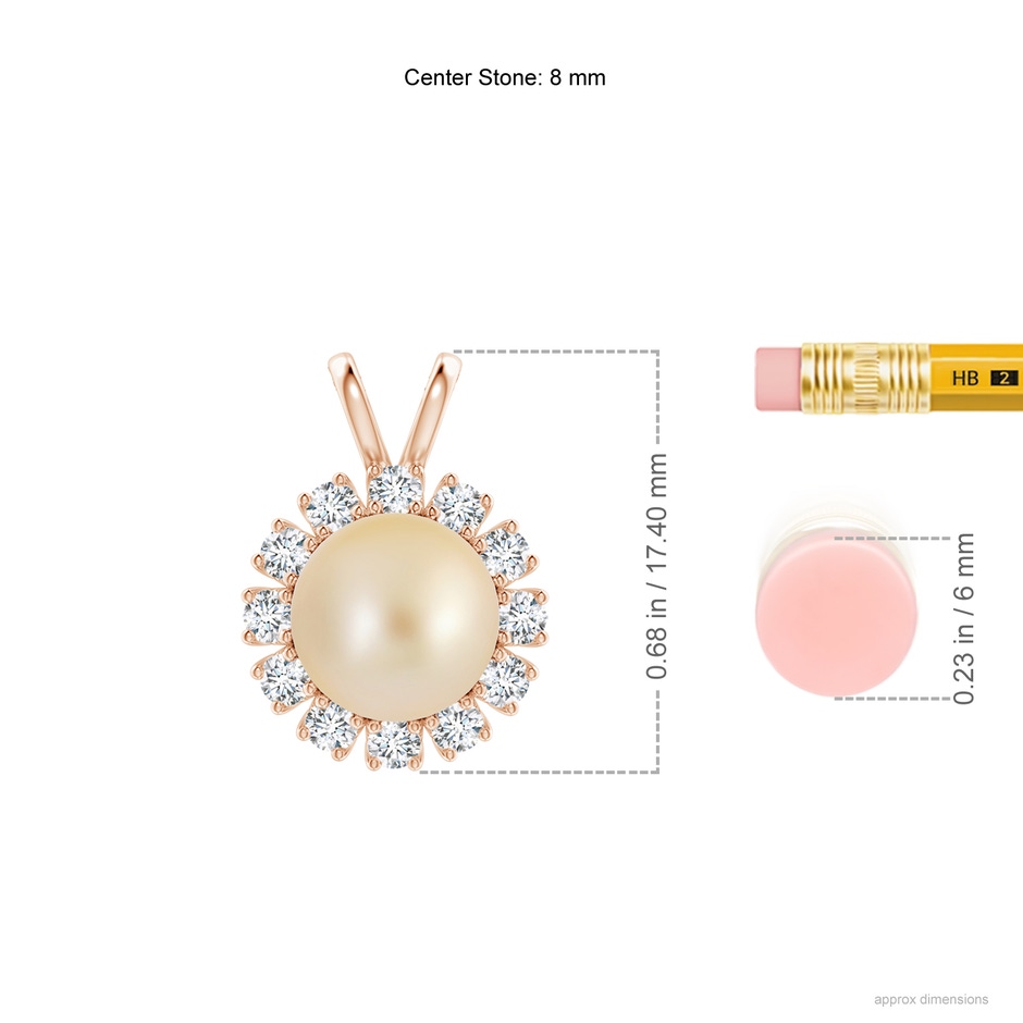 8mm AA Golden South Sea Pearl Halo V-Bale Pendant in Rose Gold ruler