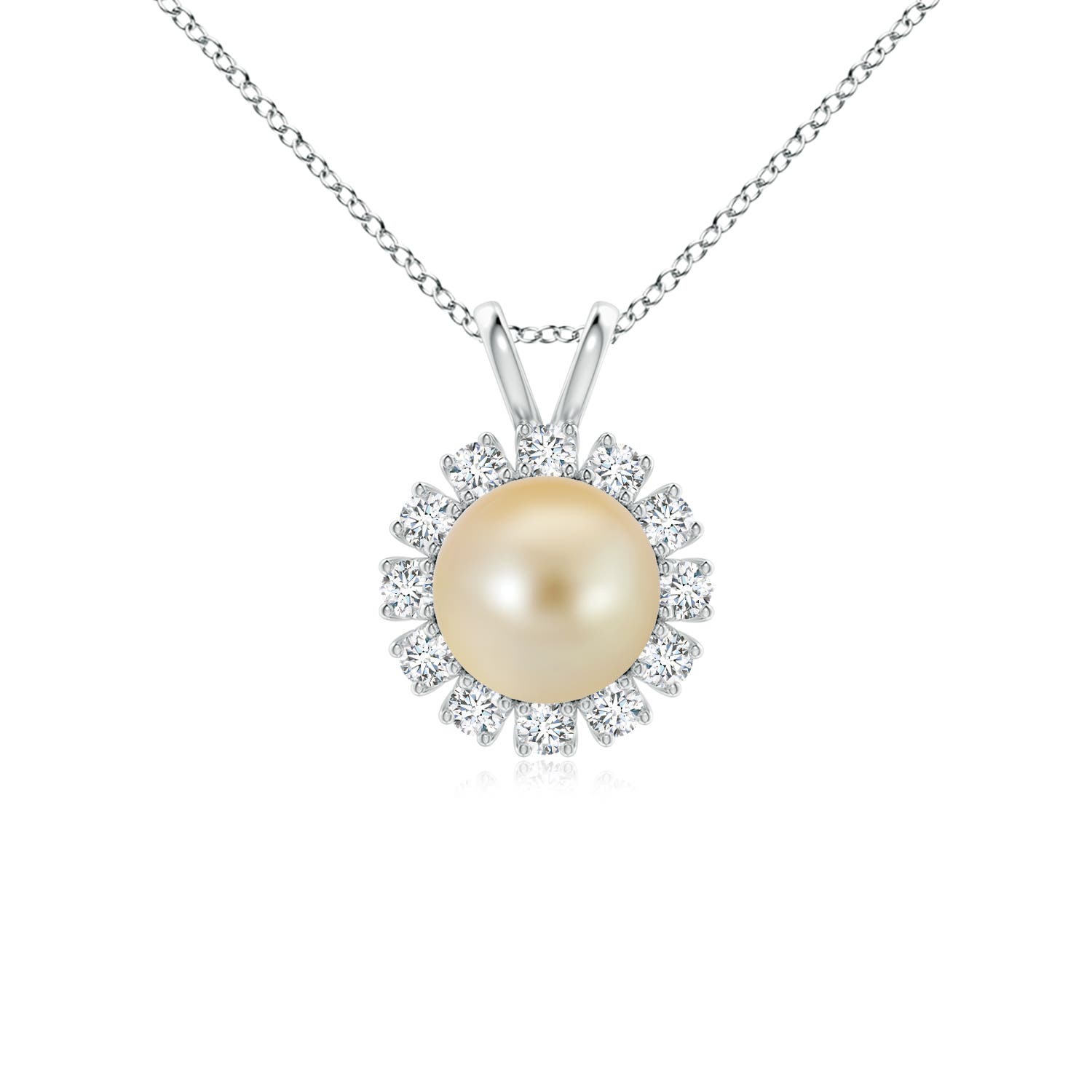 8mm AAA Golden South Sea Pearl Halo V-Bale Pendant in White Gold
