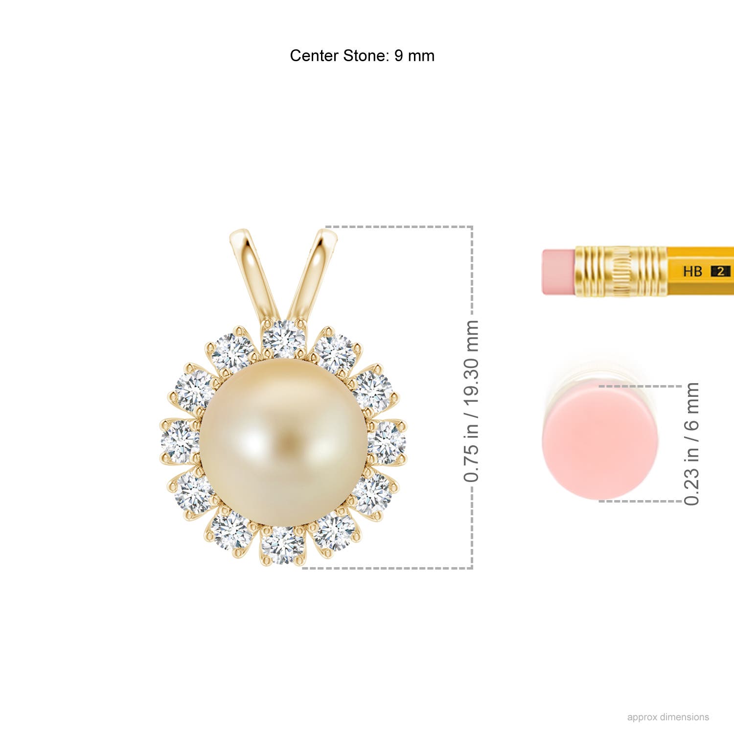 9mm AAA Golden South Sea Pearl Halo V-Bale Pendant in Yellow Gold - ruler