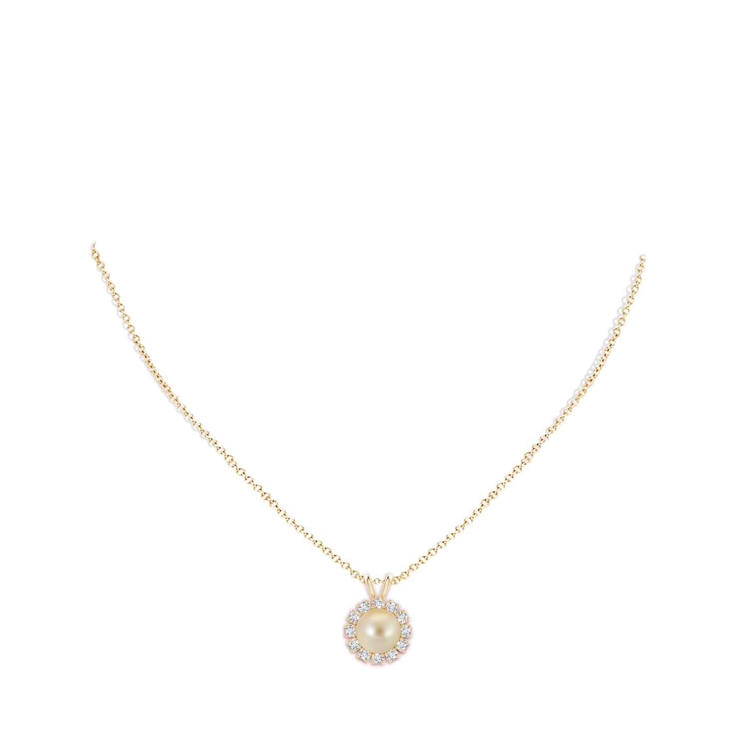 9mm AAA Golden South Sea Pearl Halo V-Bale Pendant in Yellow Gold - body_neck