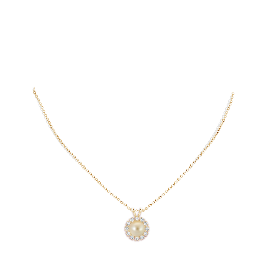 9mm AAA Golden South Sea Pearl Halo V-Bale Pendant in Yellow Gold body-neck