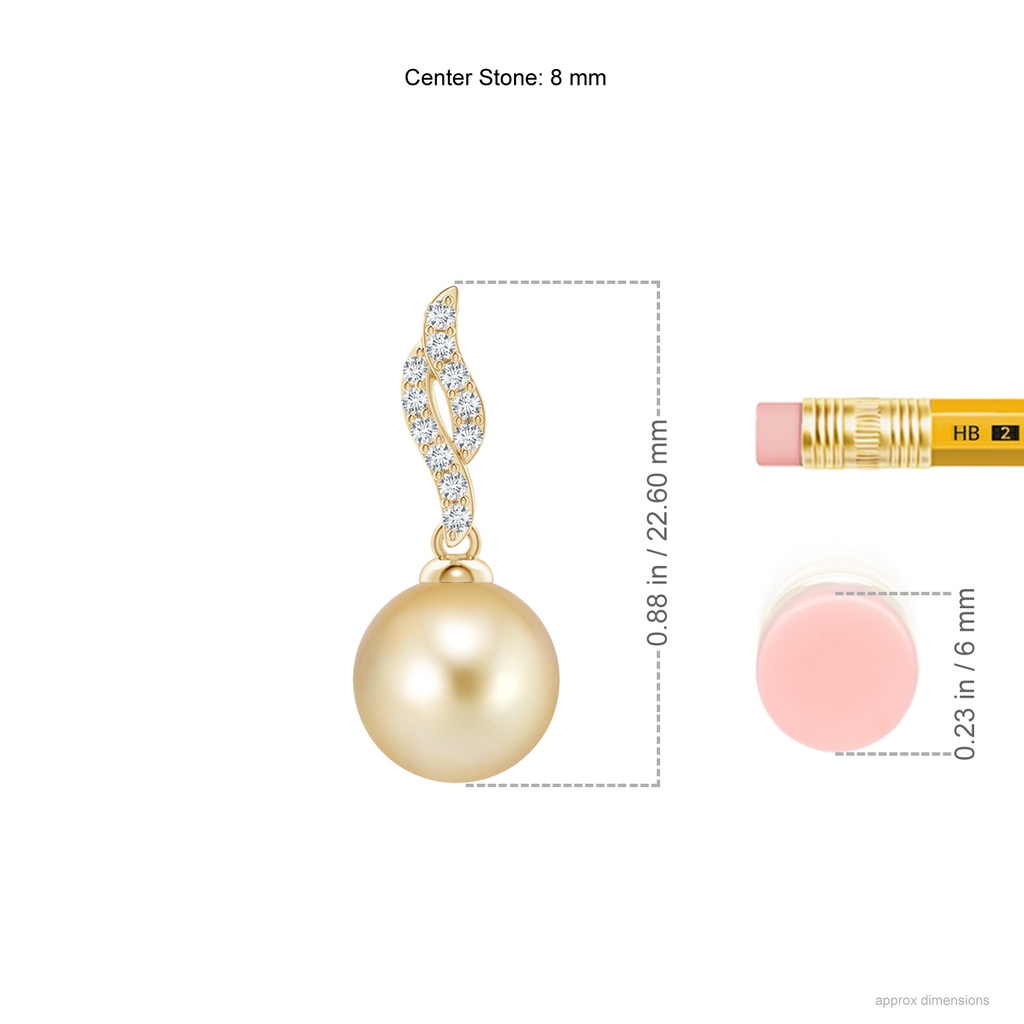8mm AAAA Golden South Sea Pearl Pendant with Flame Motif in Yellow Gold Ruler