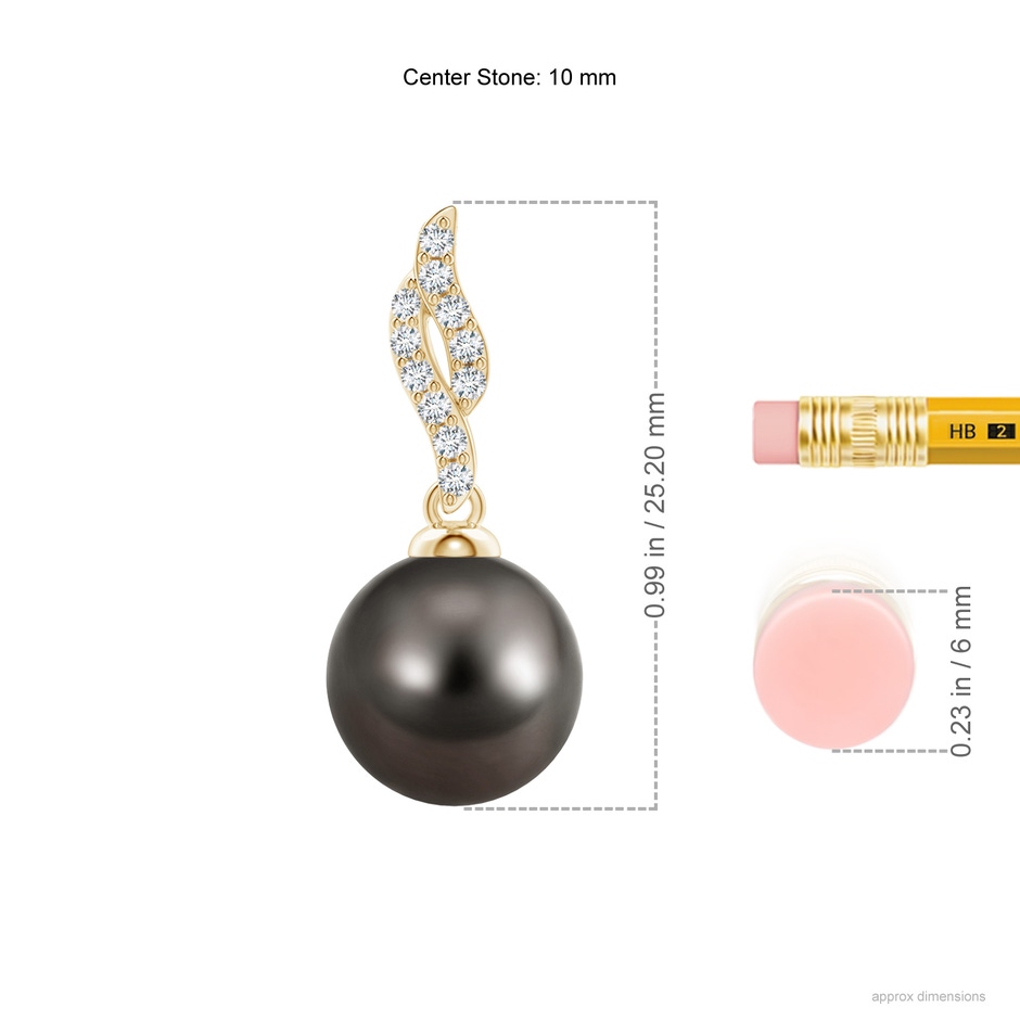 10mm AAA Tahitian Pearl Pendant with Flame Motif in Yellow Gold ruler