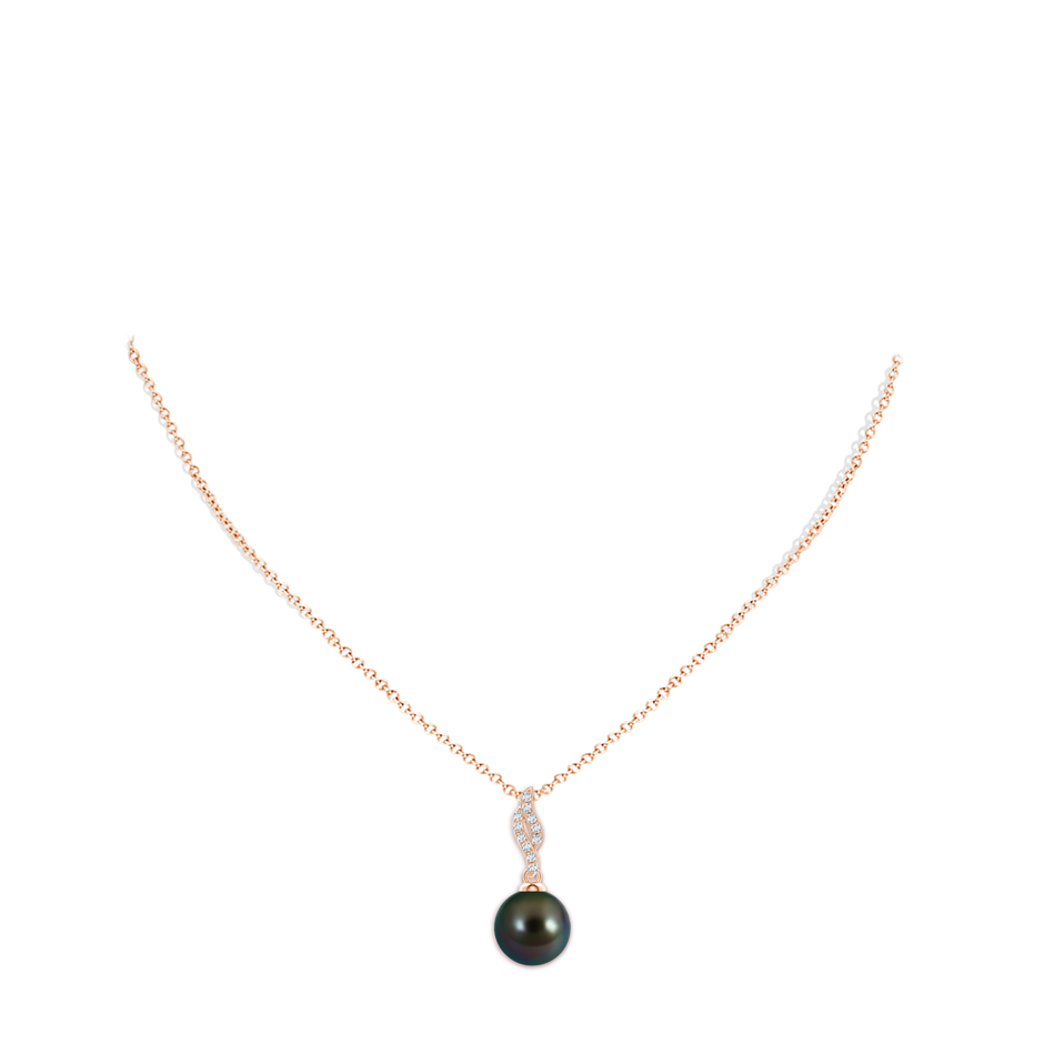 10mm AAAA Tahitian Pearl Pendant with Flame Motif in Rose Gold body-neck