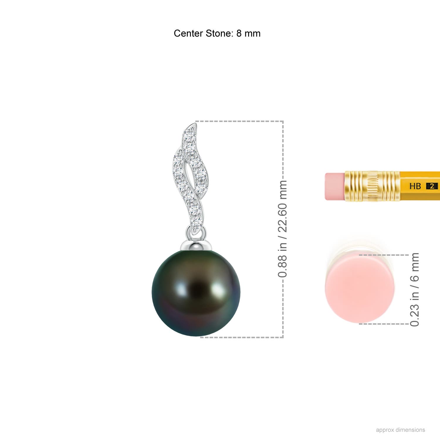 8mm AAAA Tahitian Pearl Pendant with Flame Motif in White Gold - ruler