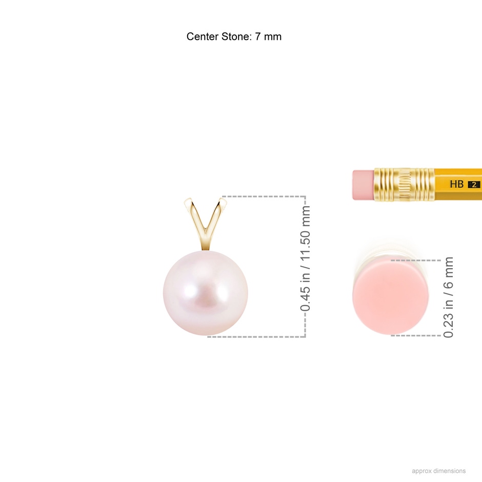 7mm AAAA Japanese Akoya Pearl Solitaire V-Bale Pendant in Yellow Gold ruler