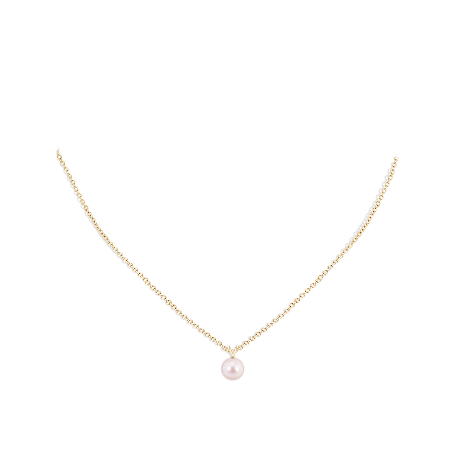 7mm AAAA Japanese Akoya Pearl Solitaire V-Bale Pendant in Yellow Gold body-neck