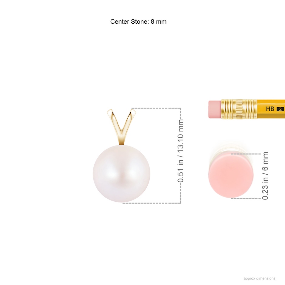 8mm AA Japanese Akoya Pearl Solitaire V-Bale Pendant in Yellow Gold ruler