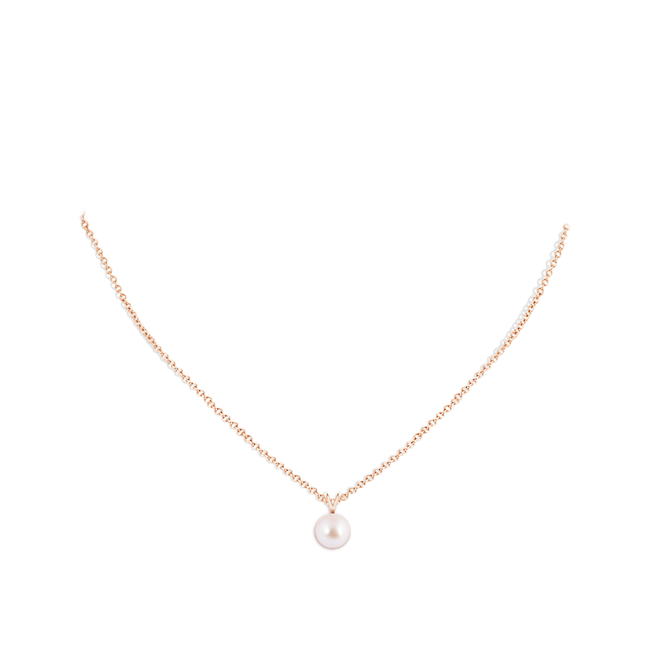 8mm AAA Japanese Akoya Pearl Solitaire V-Bale Pendant in Rose Gold body-neck