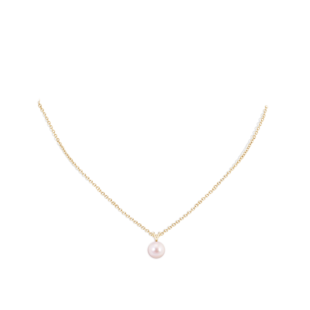8mm AAAA Japanese Akoya Pearl Solitaire V-Bale Pendant in 10K Yellow Gold Body-Neck