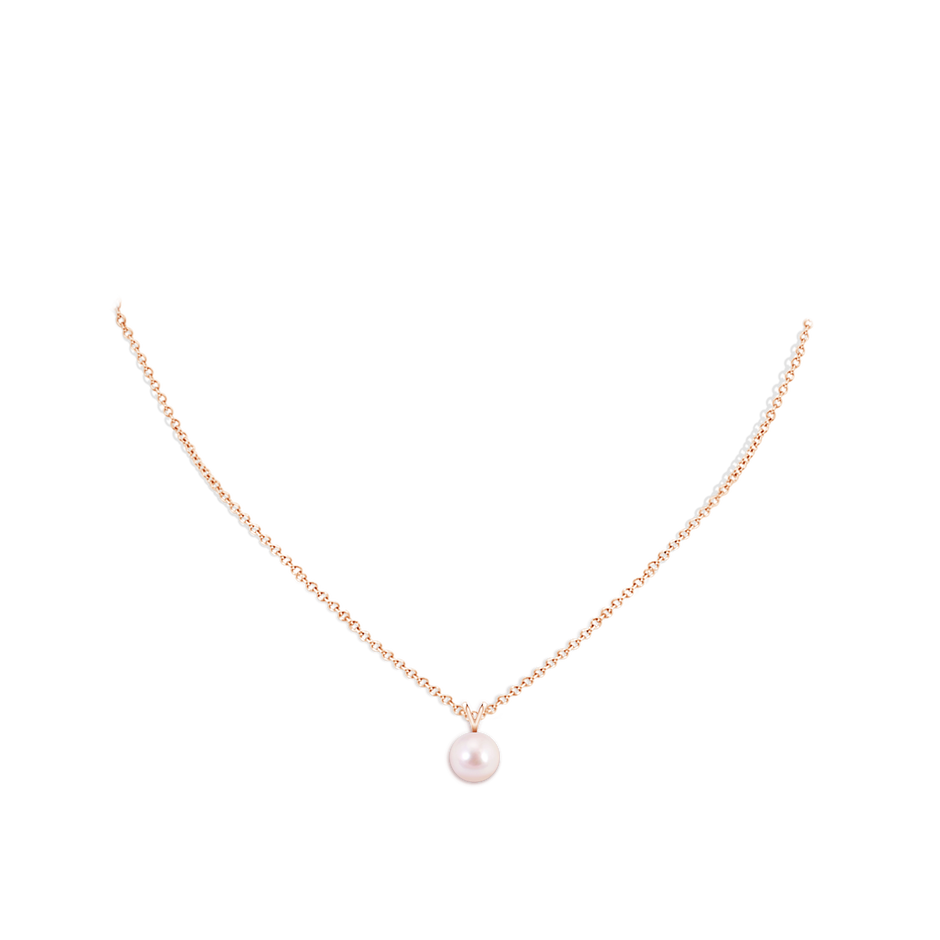 8mm AAAA Japanese Akoya Pearl Solitaire V-Bale Pendant in Rose Gold body-neck