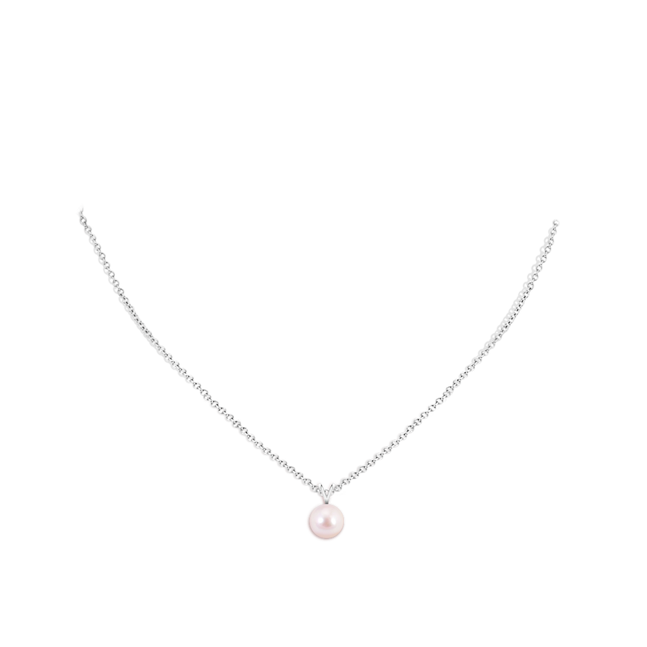 8mm AAAA Japanese Akoya Pearl Solitaire V-Bale Pendant in White Gold body-neck