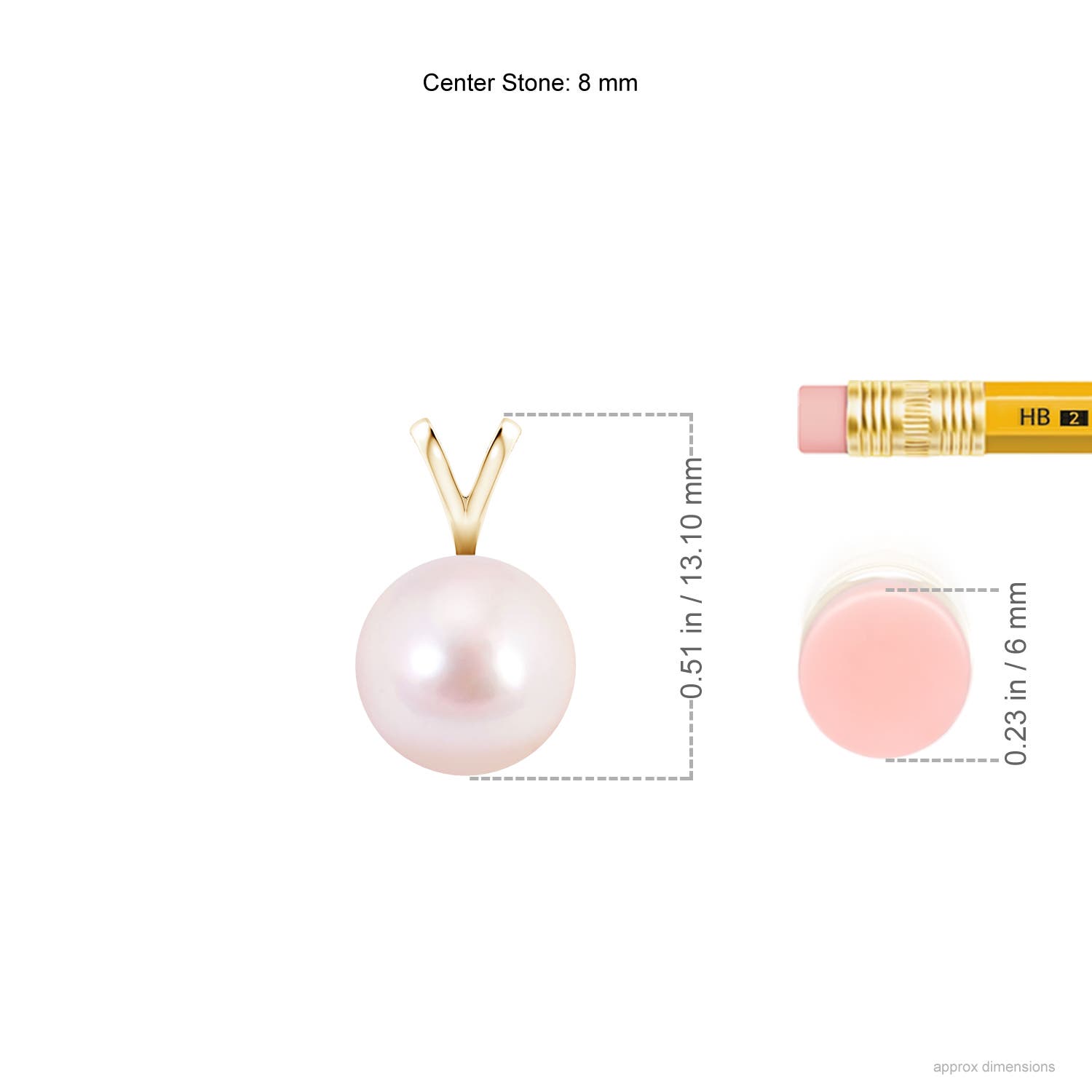 8mm AAAA Japanese Akoya Pearl Solitaire V-Bale Pendant in Yellow Gold - ruler