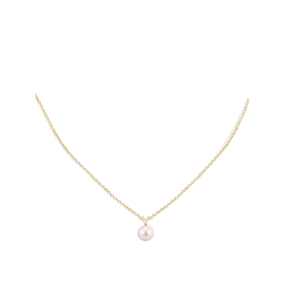 8mm AAAA Japanese Akoya Pearl Solitaire V-Bale Pendant in Yellow Gold body-neck