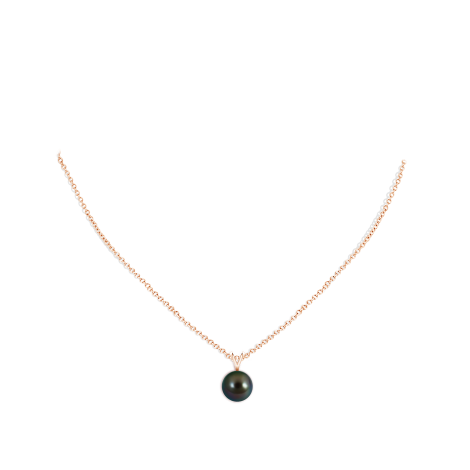 10mm AAAA Tahitian Pearl Solitaire V-Bale Pendant in Rose Gold body-neck