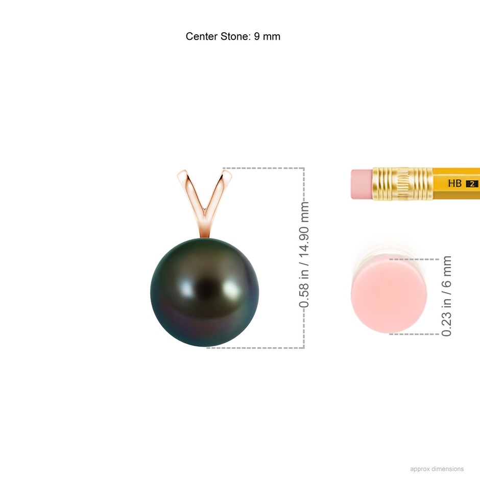 9mm AAAA Tahitian Pearl Solitaire V-Bale Pendant in Rose Gold ruler