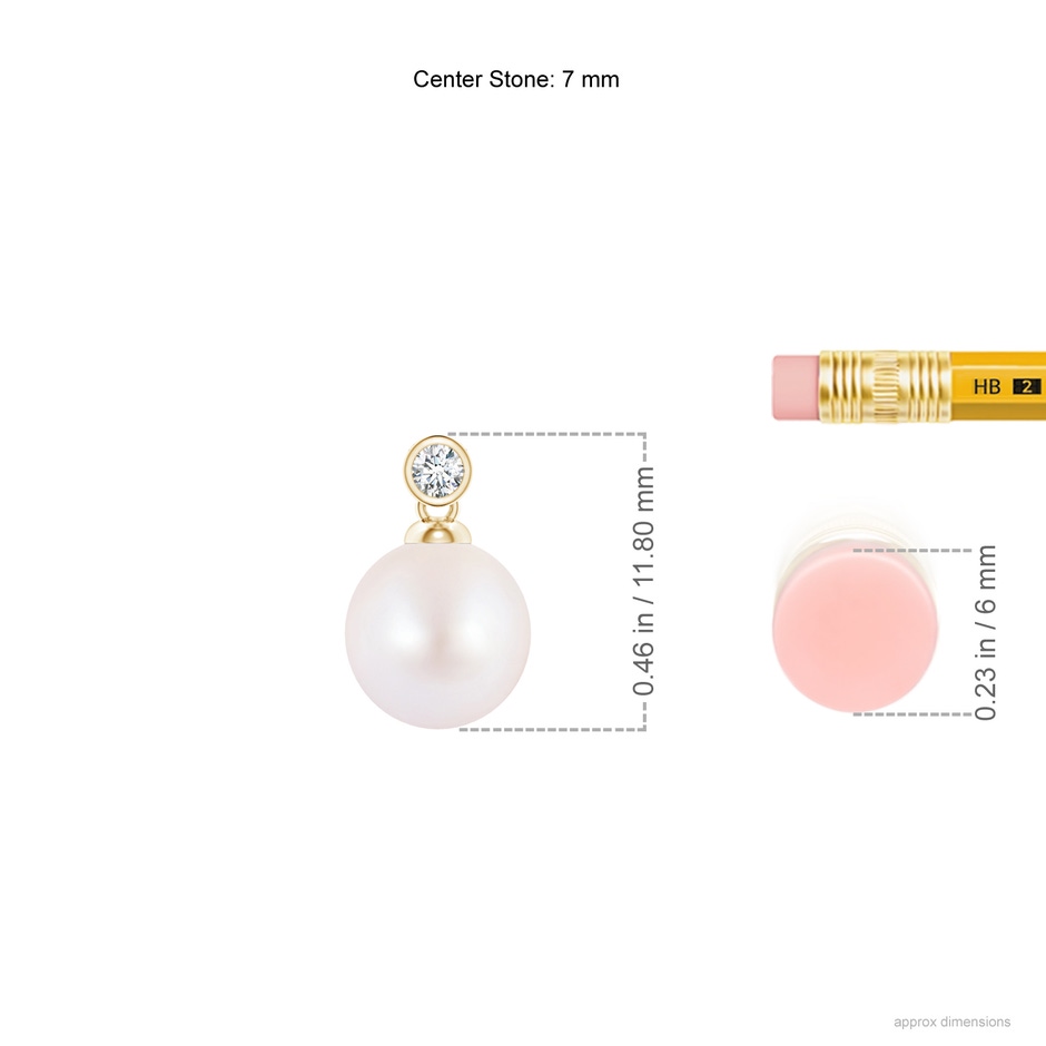 7mm AA Japanese Akoya Pearl Pendant with Bezel Diamond in Yellow Gold ruler