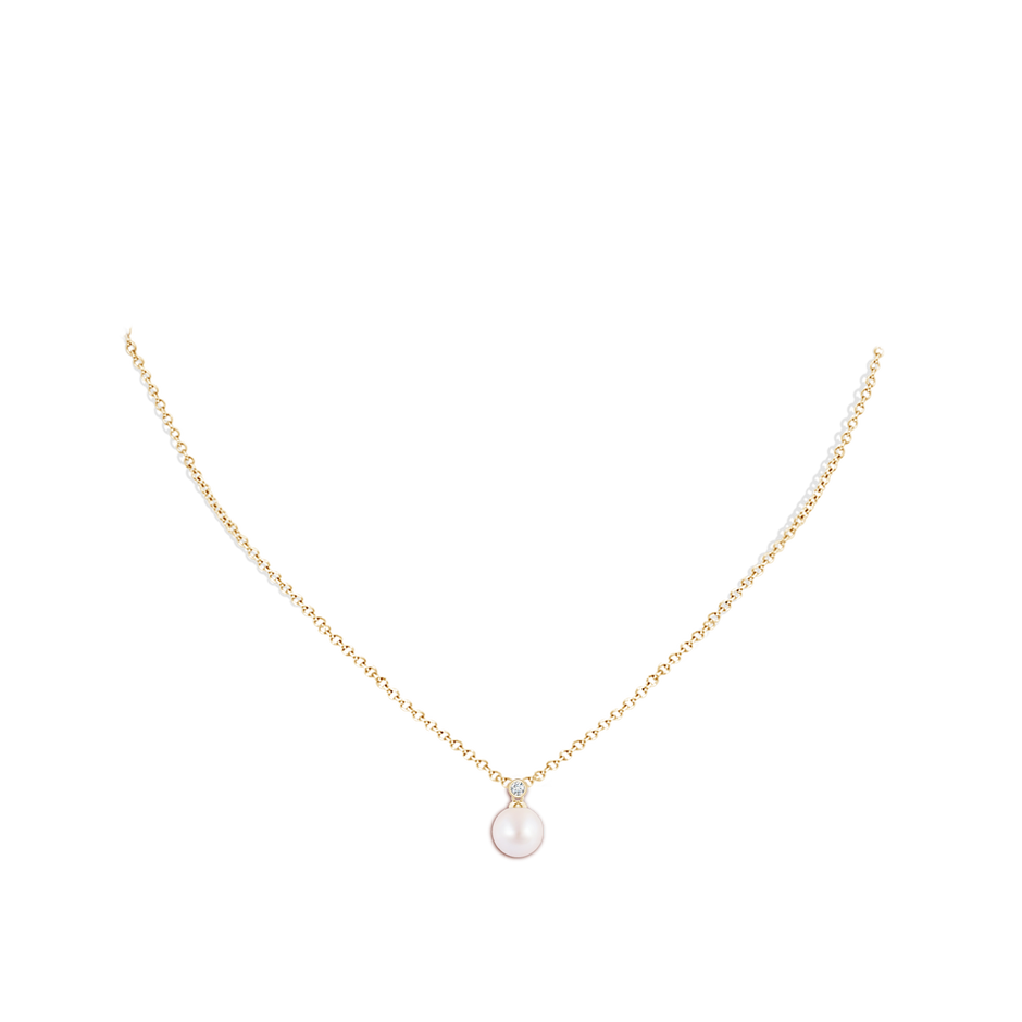 7mm AA Japanese Akoya Pearl Pendant with Bezel Diamond in Yellow Gold body-neck