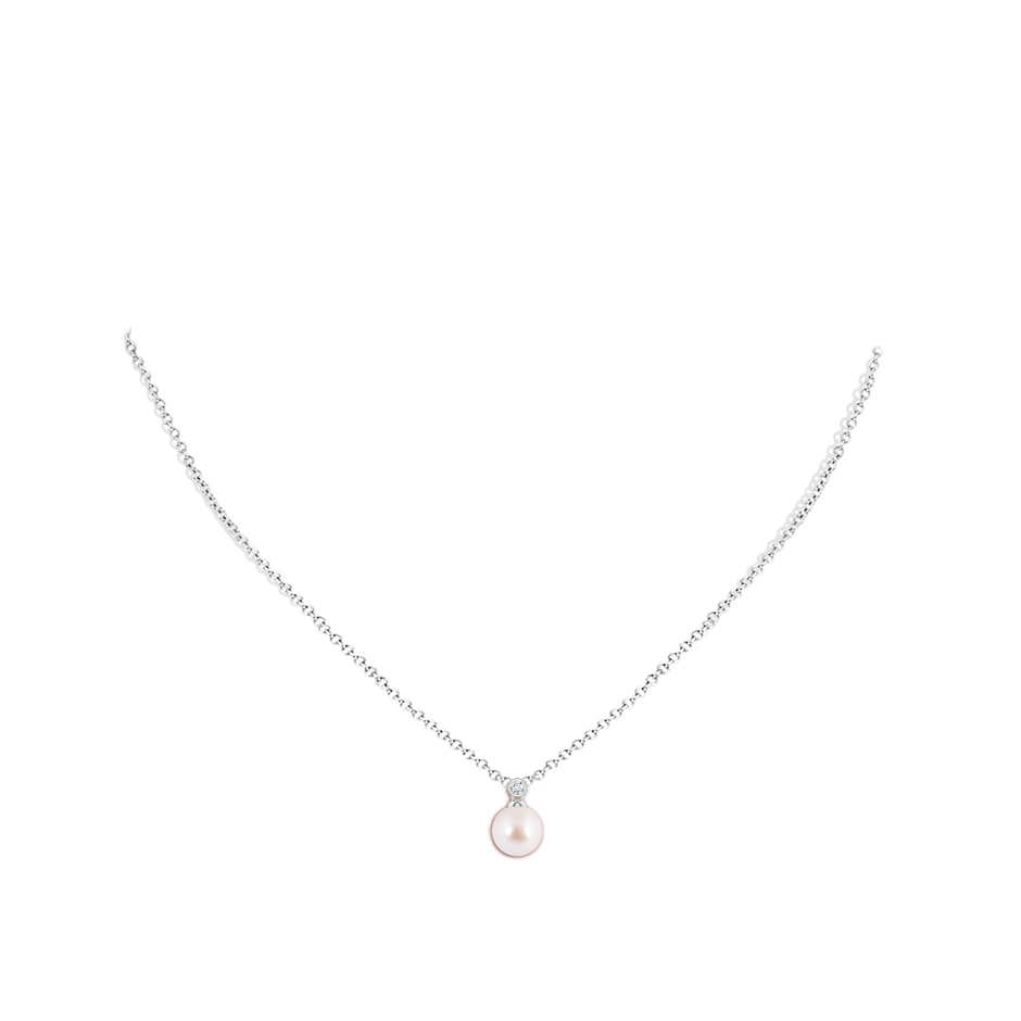 7mm AAA Japanese Akoya Pearl Pendant with Bezel Diamond in White Gold body-neck