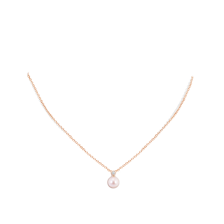 7mm AAAA Japanese Akoya Pearl Pendant with Bezel Diamond in Rose Gold body-neck