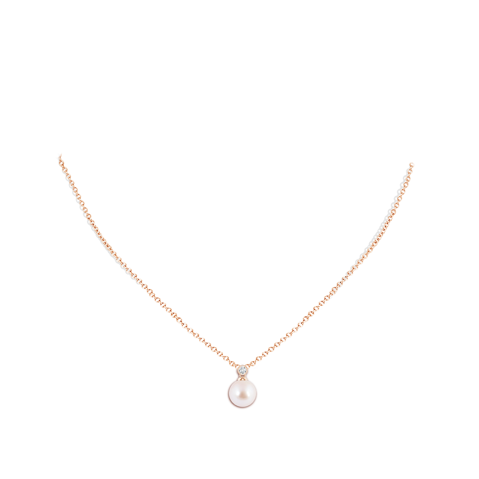 8mm AAA Japanese Akoya Pearl Pendant with Bezel Diamond in Rose Gold body-neck