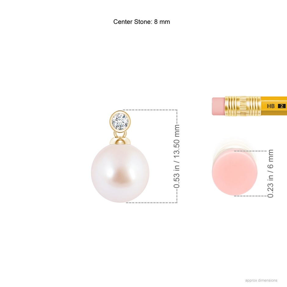 8mm AAA Japanese Akoya Pearl Pendant with Bezel Diamond in Yellow Gold ruler