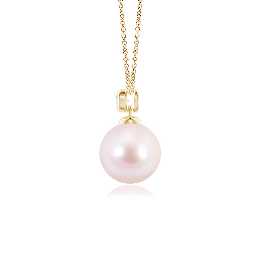 8mm AAAA Japanese Akoya Pearl Pendant with Bezel Diamond in Yellow Gold - side 2