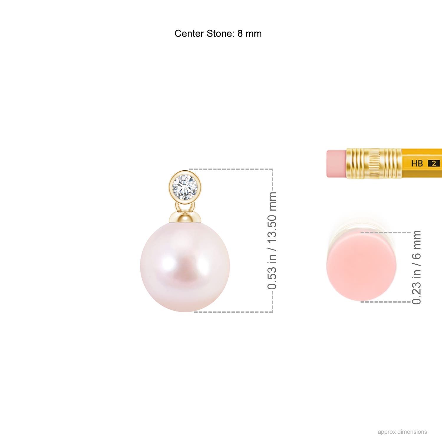 8mm AAAA Japanese Akoya Pearl Pendant with Bezel Diamond in Yellow Gold - ruler