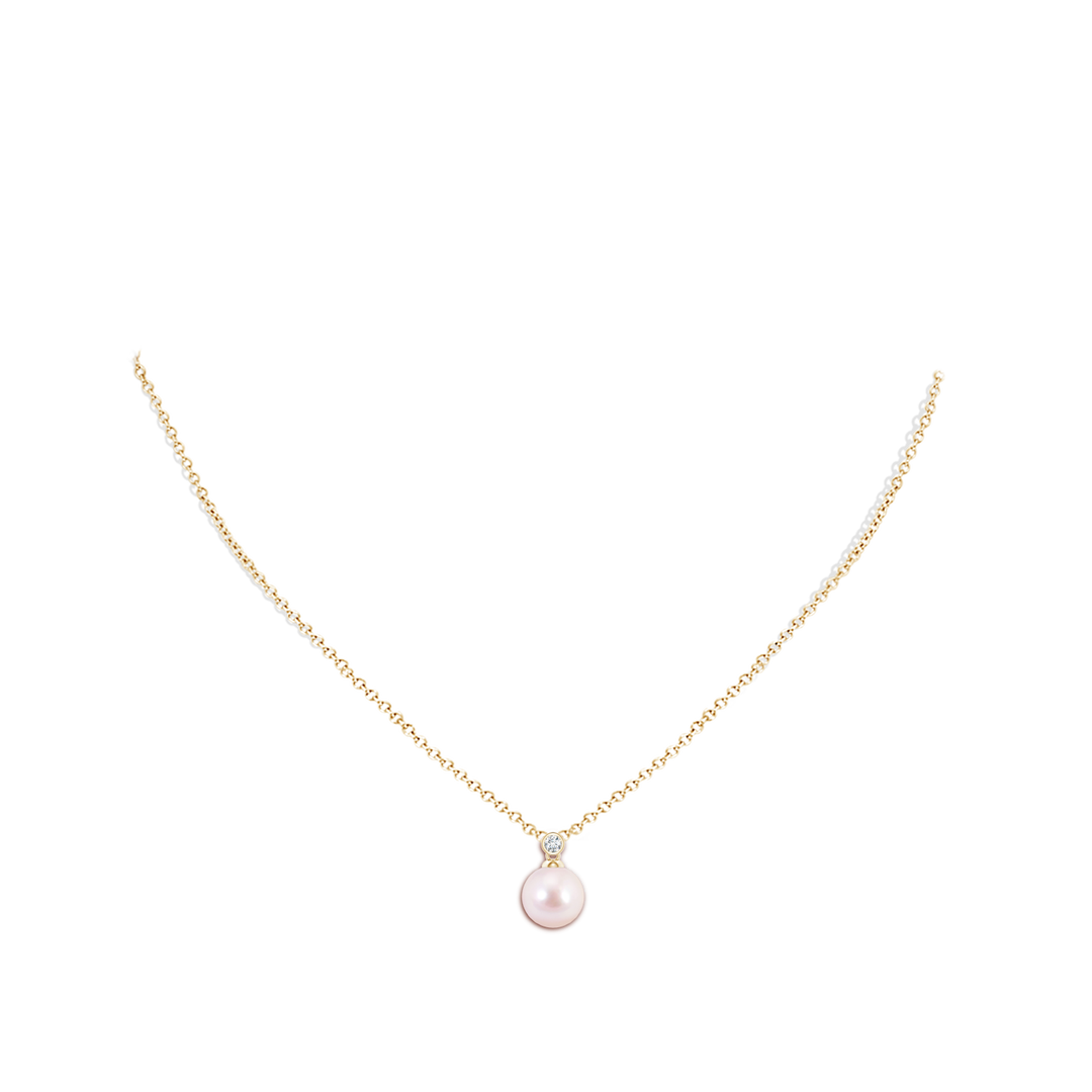 8mm AAAA Japanese Akoya Pearl Pendant with Bezel Diamond in Yellow Gold - body_neck
