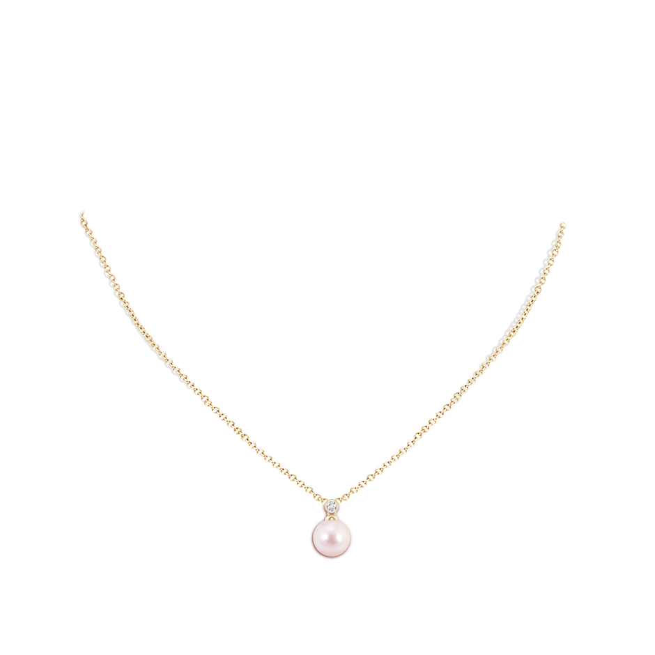 8mm AAAA Japanese Akoya Pearl Pendant with Bezel Diamond in Yellow Gold body-neck